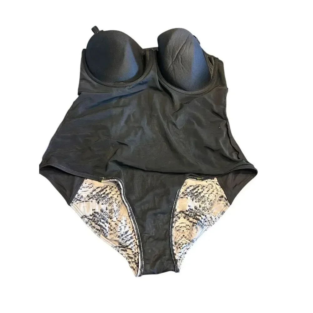 Tropic Culture Women 18 One Piece Swim Suit Black Grey Molded Cup Push Up 80’s